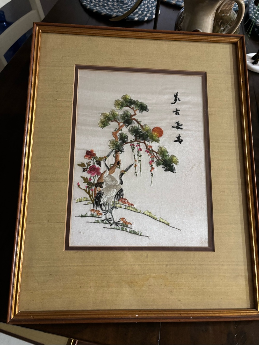 Framed Embroidered Crane & Pine Art Print in Gold Frame - Beige Mat